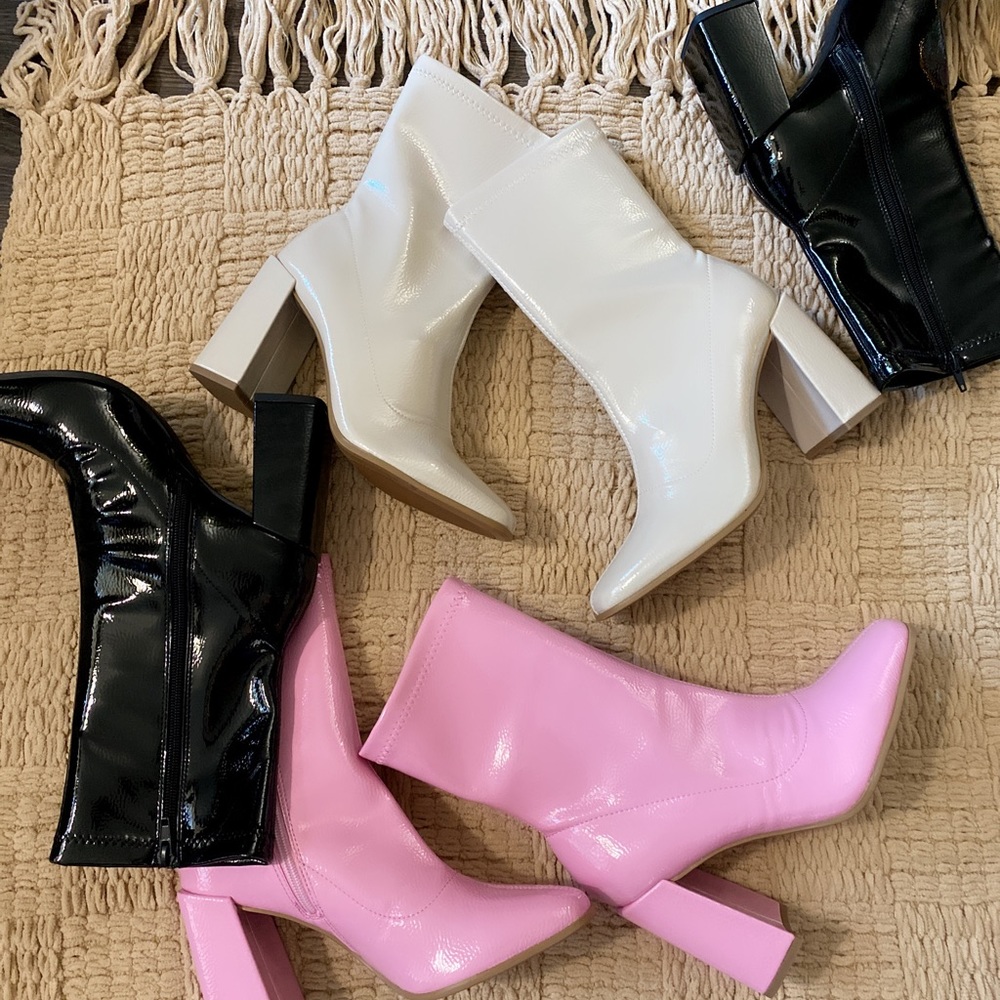 Pink Square Toe Mid Calf Block Heel Ankle Bootie - Picture 9 of 9